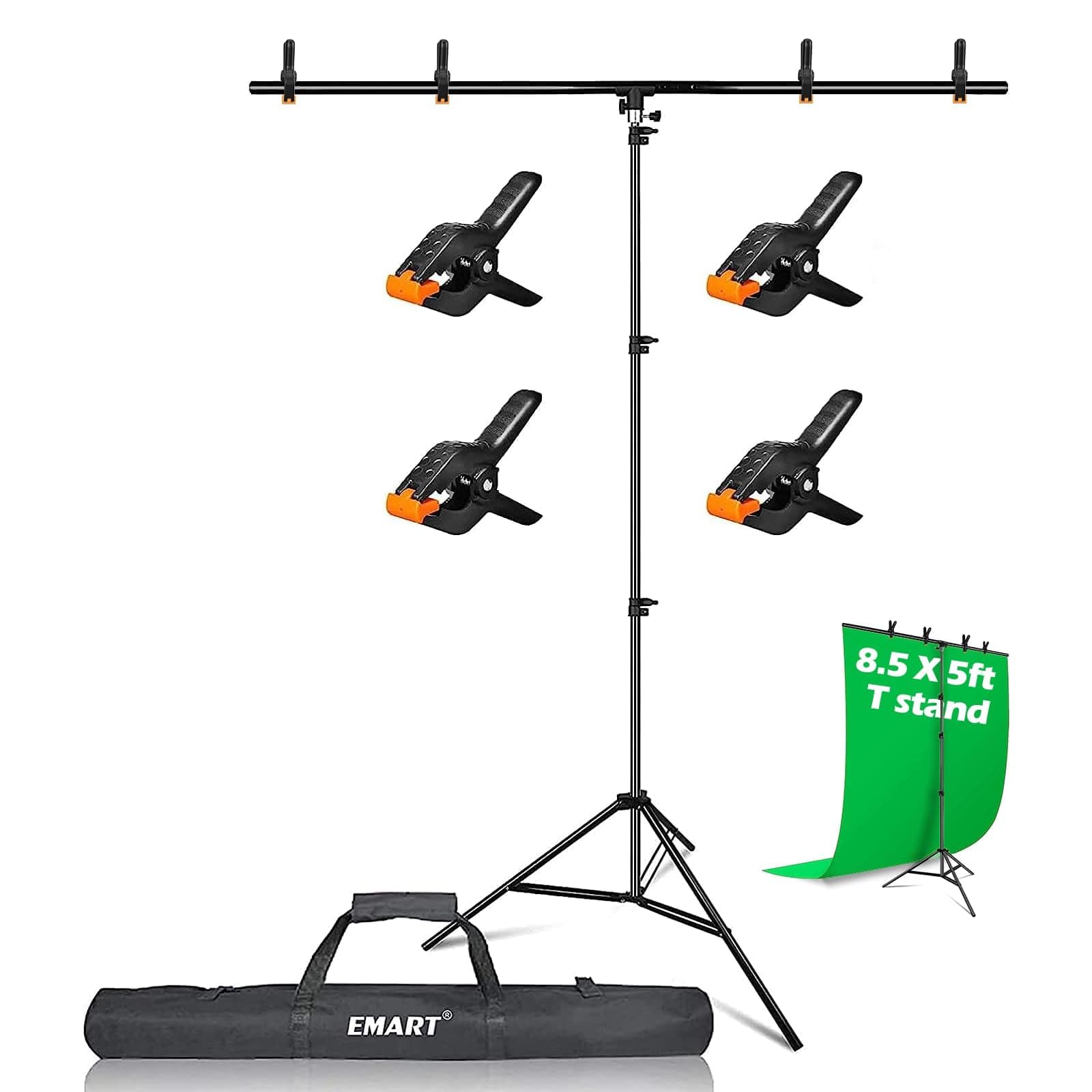 EMART 8.5 x 5ft Portable T-Shape Backdrop Stand Kit with Adjustable Frame, 4 Spring Clamps & Carry Bag for Parties, Photography, Video, and Studio Background Support