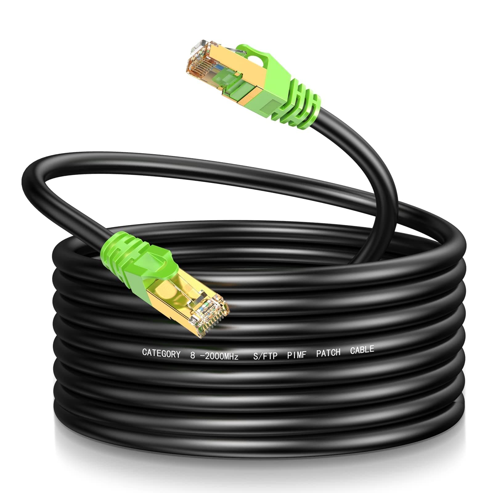 Cat8 Ethernet Cable 200Ft, Round S/FTP Shielded Heavy Duty High Speed Internet Cable, 40Gbps 2000MHz Outdoor & Indoor LAN Network Cord, Pre-Terminated with RJ45 Connectors + Free Cable Clips – Black