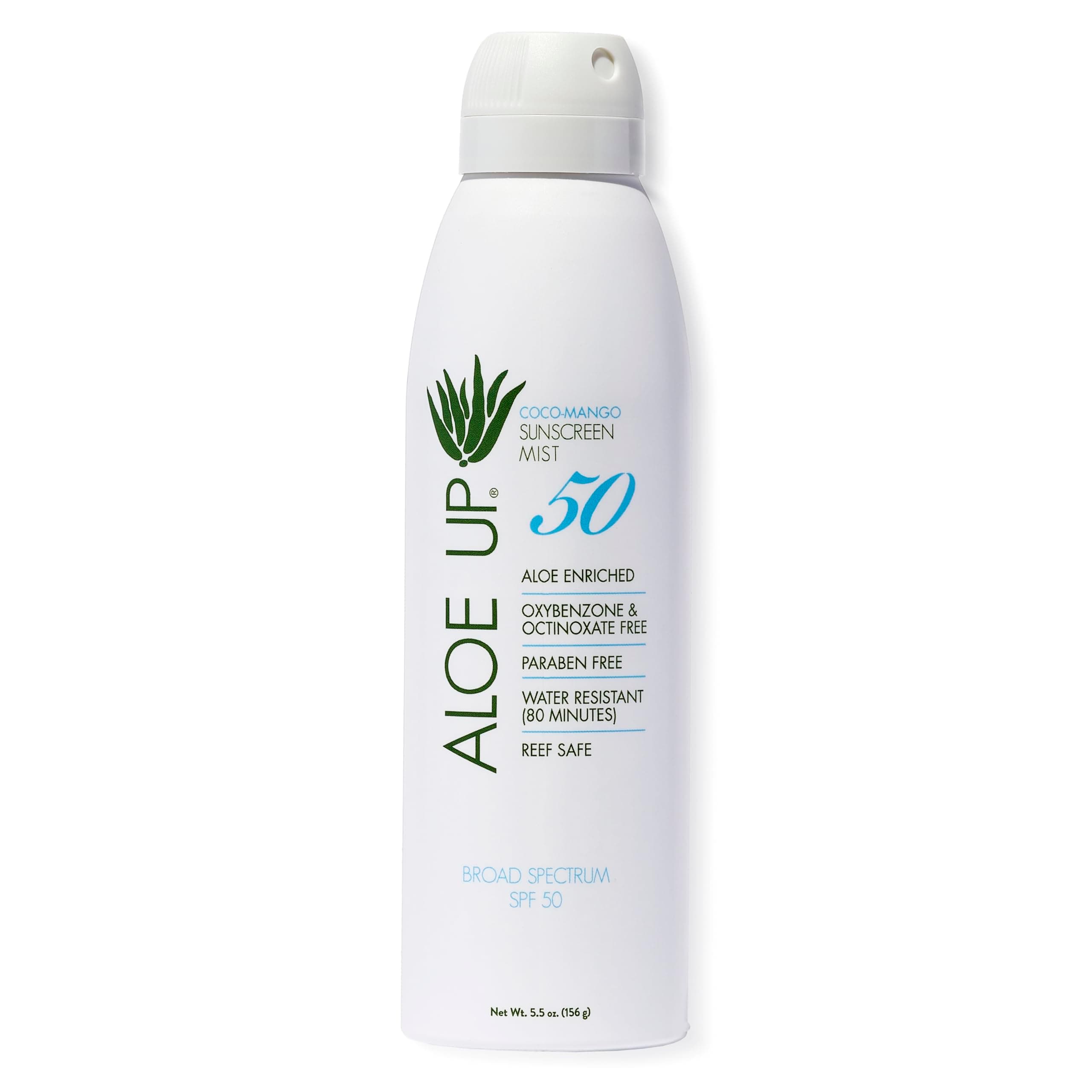 Aloe Up White Collection SPF 50 Sunscreen Spray Mist for Face & Body with Aloe Vera Gel, Water Resistant up to 80 Minutes, Reef Friendly, Non Greasy, Fast Absorbing, Coco Mango 5.5 oz