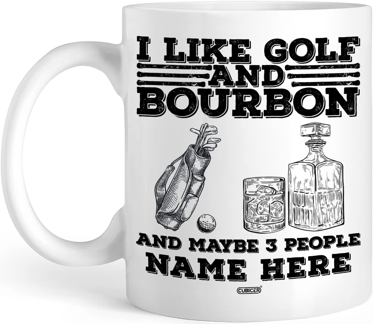 CUBICER Personalized White Ceramic Coffee Mug Mugs Golf And Bourbon Customized Name Large Novelty Cups With Funny Sayings For Women Men Adults Golfers Christmas Decor Birthday Gifts 11 and 15 oz
