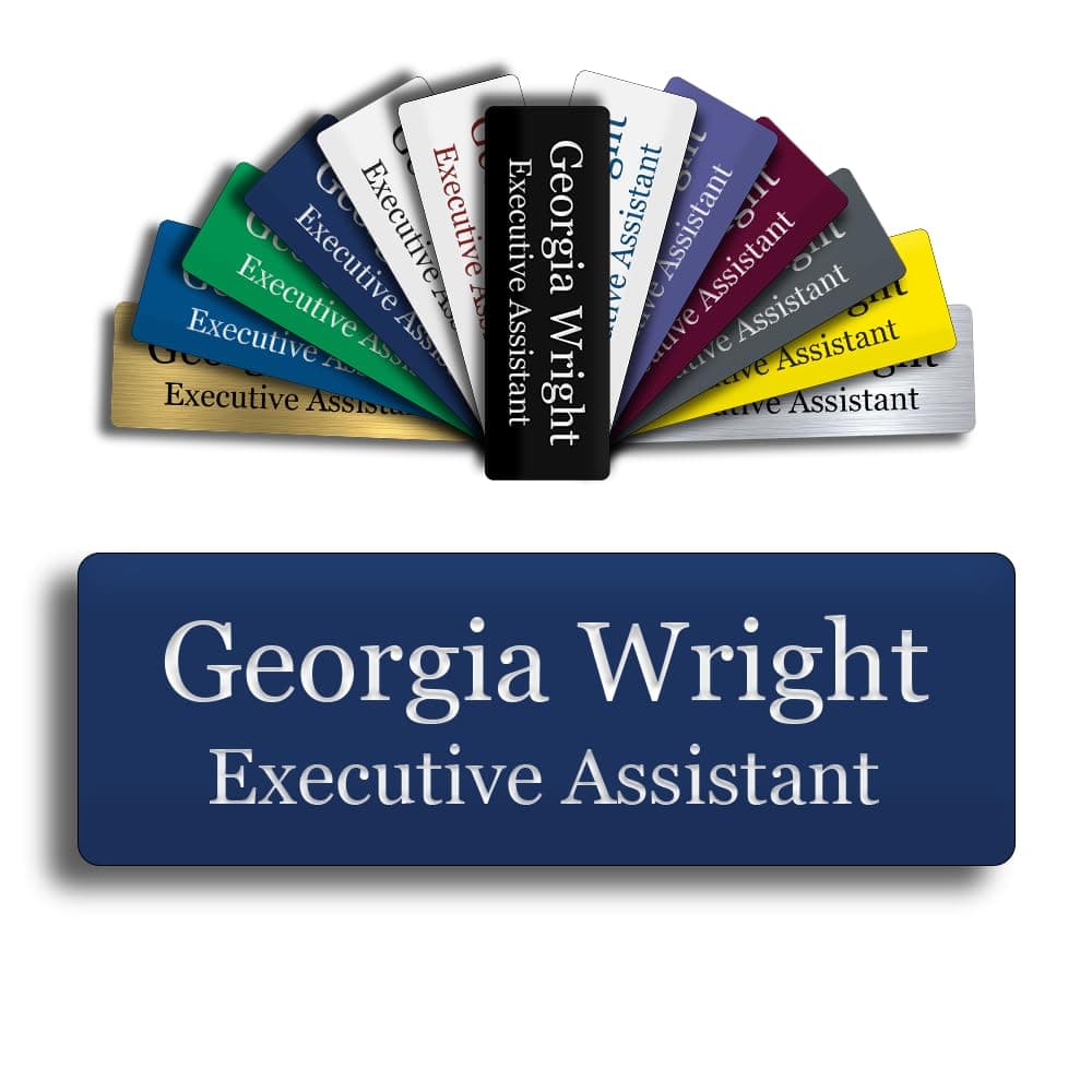 Custom Engraved Name Tag 1" x 3" Personalized Badge Magnetic or Pin Backing Made in The USA by Gem Awards (Navy)