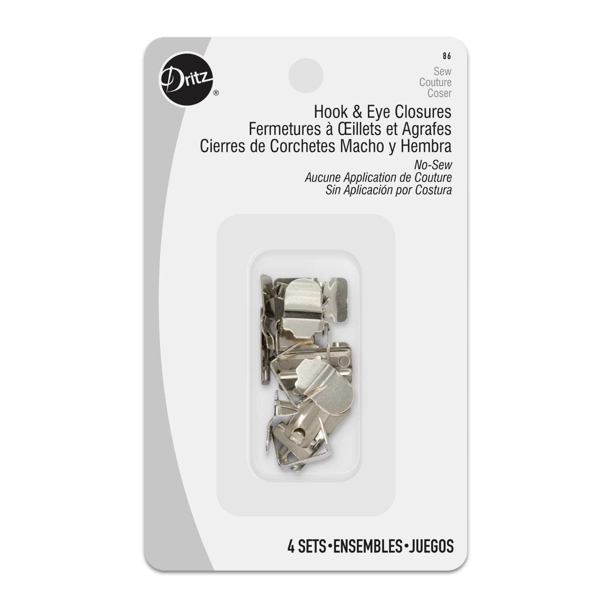 No-Sew Hook & Eye Closures, 4 Sets, Nickel