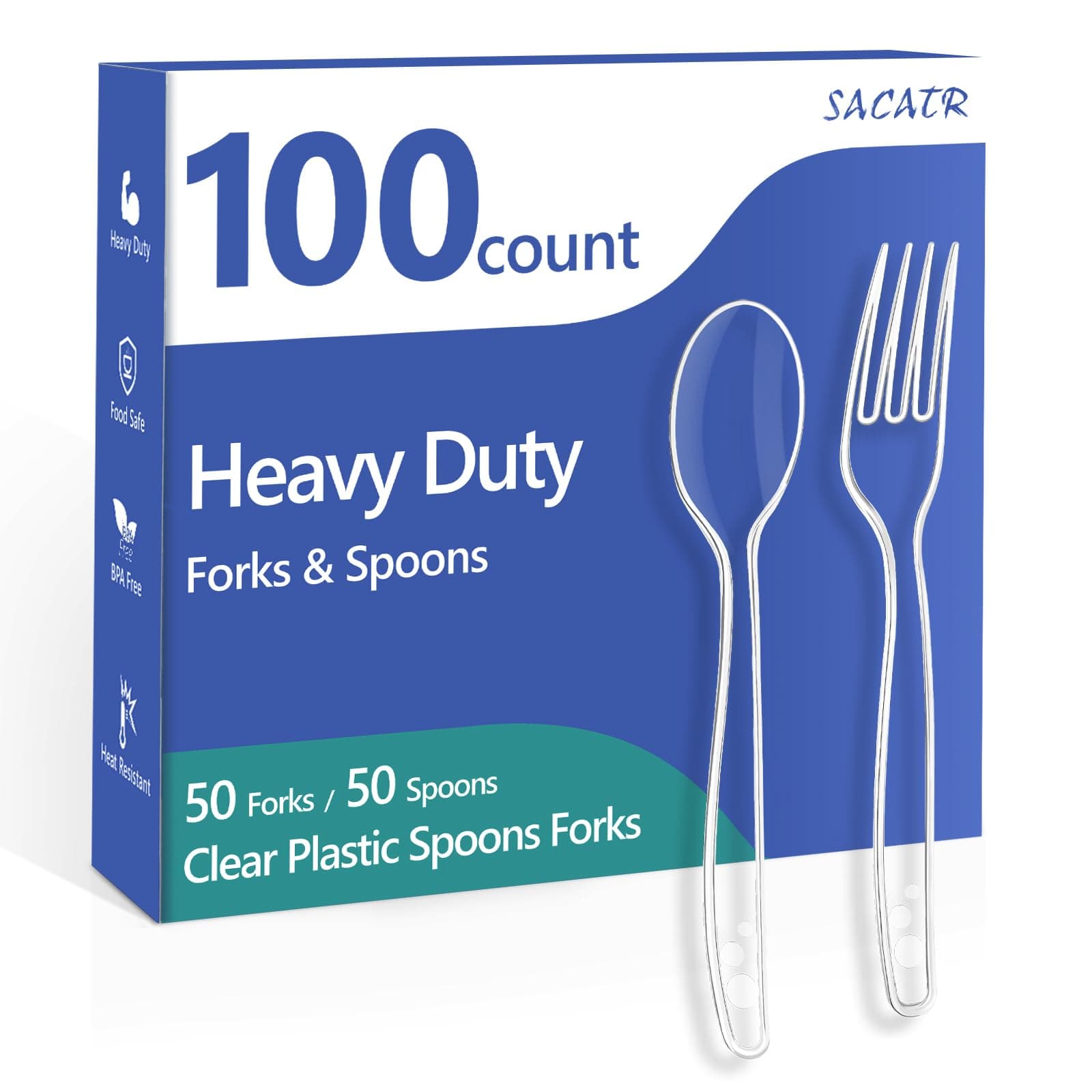 100 Count Plastic Silverware Heavy Duty -50 Forks, 50 Spoons, BPA-Free, Heat Resistant, Disposable Plastic Utensils Set, Plastic Cutlery Set, Plasticware Suitable for Party Everyday Use