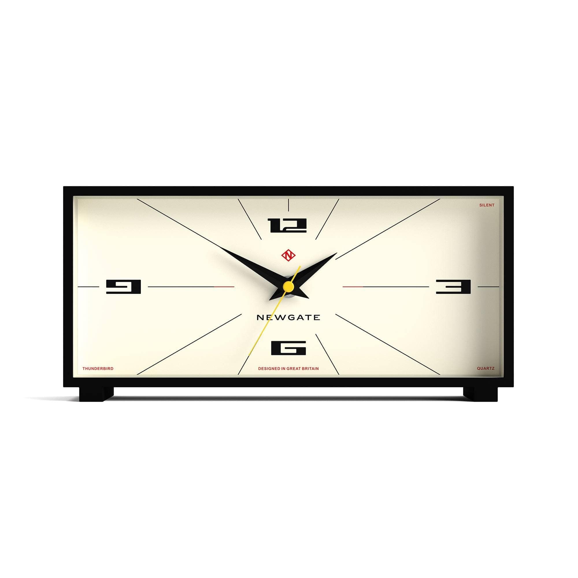 Thunderbird desk clock | Retro contemporary rectangular design | Black | Modern mid century style for desk, mantel, table top or shelf