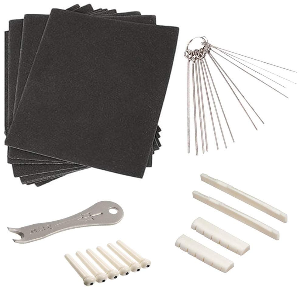OSOF 34Pcs Guitar Bone Bridge Saddle and Nut Tools Kit, 6 String Acoustic Guitar Bridge Pins, 2Pcs Nut, 2Pcs saddle, 1Pc Metal Pin Puller, 9Pcs Sand Paper, 14Pcs Stainless Steel Grinding Needle File