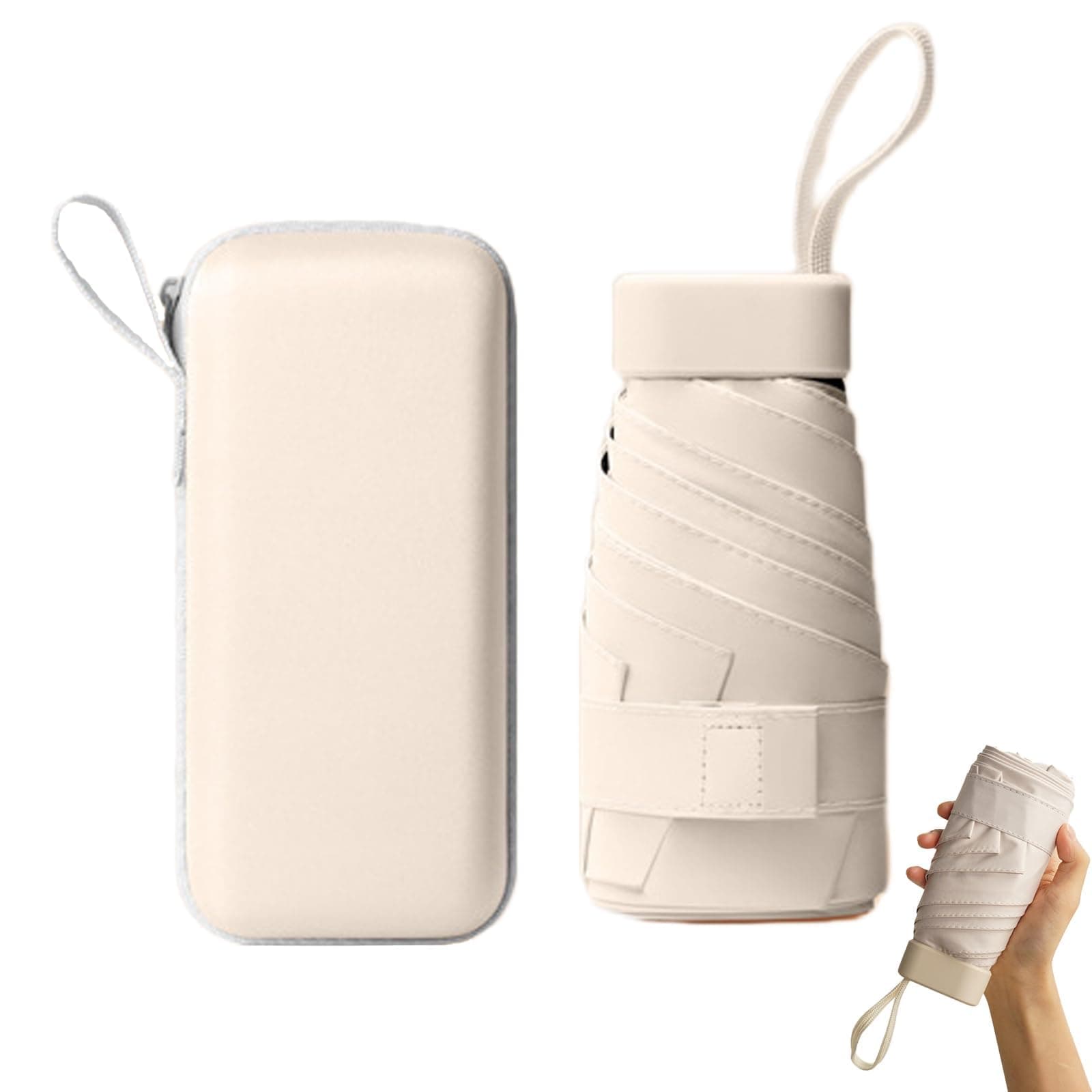 Mini Folding Umbrella with Storage Box - 6 Ribs, Compact, Travel Umbrella - Small, Sycamore Rice Color, UV Protection, Lightweight, Compact for Women & Girls