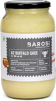Barosi Premium Buffalo Ghee 1 Litre | Vedic Bilona Method | Churned From Curd | Pure & Natural | Farm Made In Small Batches | Glass Jar Packing | B_Buffalo Ghee_1Lt