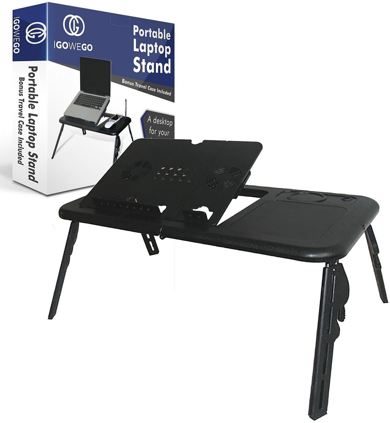 Portable Laptop Stand - Stand Up Computer Desk – Create a Better Work Space with Adjustable Height and Tilt – Use Sitting or Standing - Quiet Cooling Fan – Lightweight Foldable Set with Bonus Case