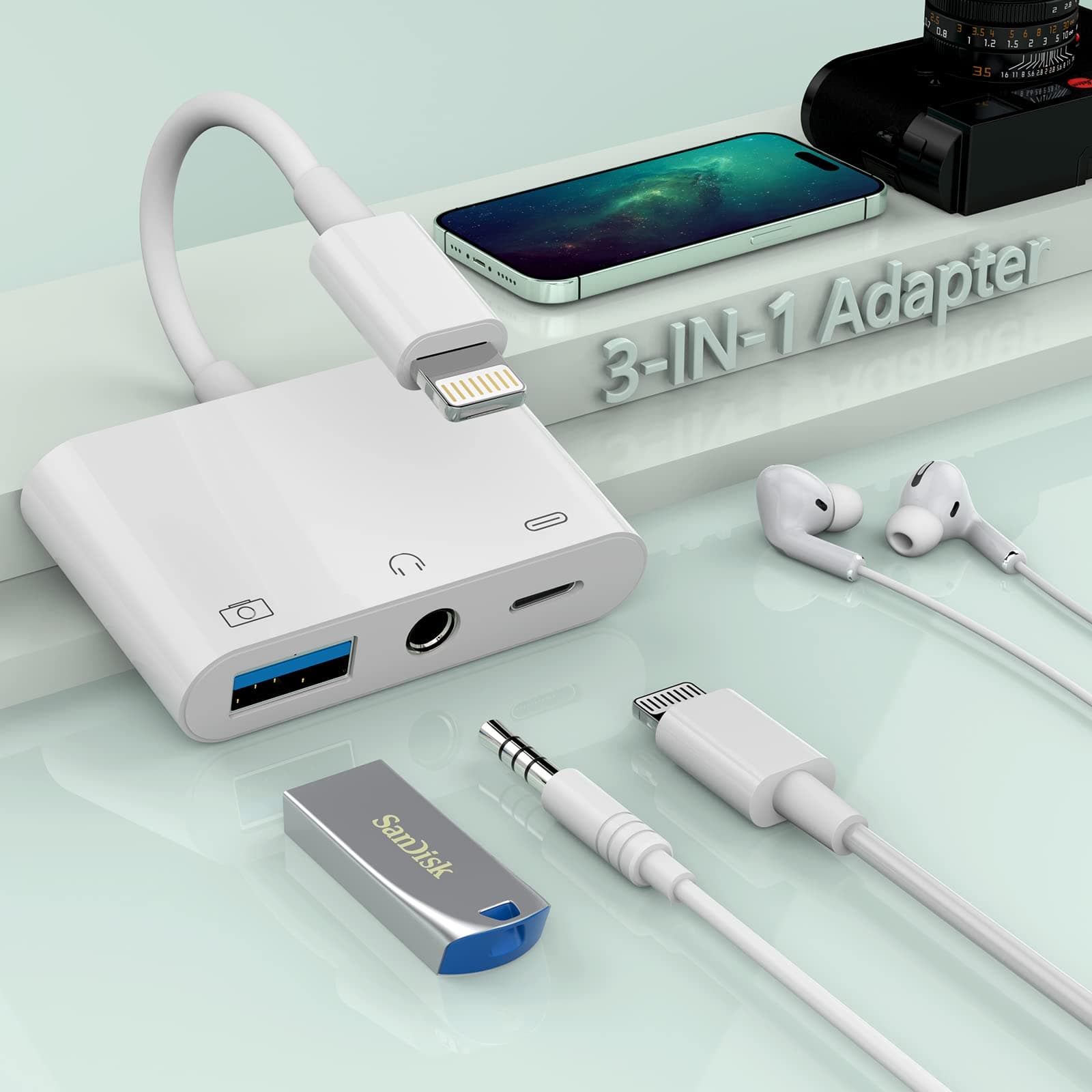 3-in-1 Lightning USB Auxiliary Adapter
