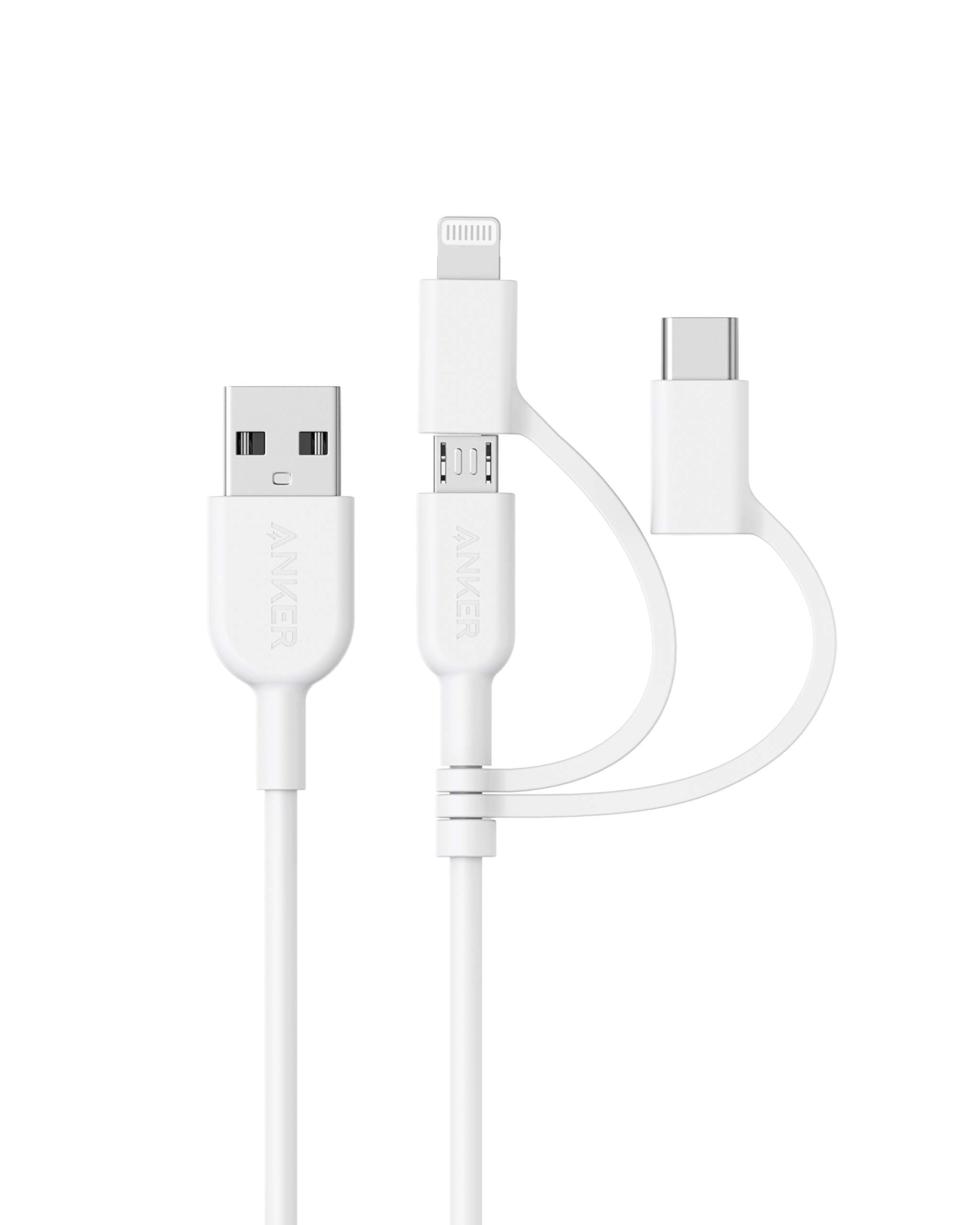 Powerline II 3-in-1 Cable, Lightning/Type C/Micro USB Cable for iPhone, iPad, Huawei, HTC, LG, Samsung Galaxy, Sony Xperia, Android Smartphones, and More(3ft, White)