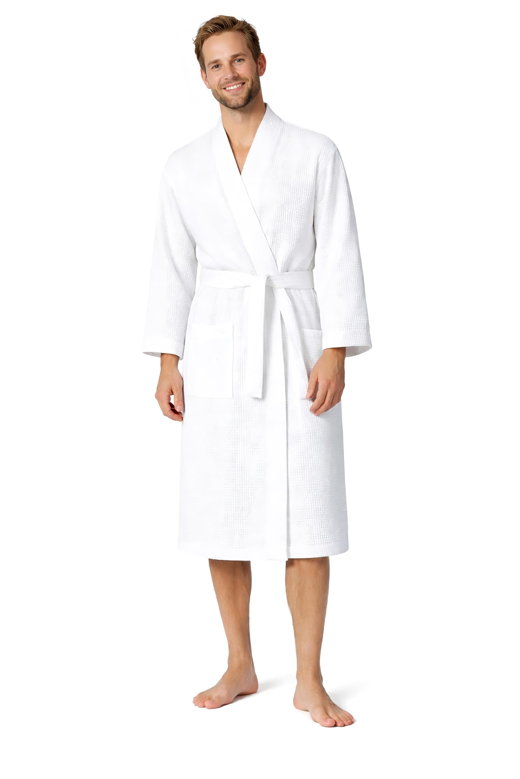 Turkish Linen Men’s Waffle Bathrobe Lightweight Kimono Spa Robe – Quick Dry Bath & Shower Robe for Men with Pockets