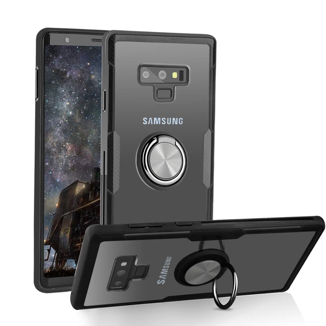 Lamzu Samsung Galaxy Note 9 Case, Clear Hard Back Cover Slim Rubber Bumper Hybrid Case with 360° Rotation Finger Ring Grip Holder Kickstand [Work with Magnetic Car Mount] for Note 9,BlackL5