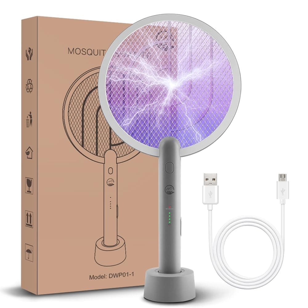 Electric Fly Swatter Racket, Mosiller 2 in 1 Smart Bug Zapper with USB Rechargeable Base, Powerful Mosquitoes Trap Lamp & Fly Killer with 3-Layer Safety Mesh for Home, Bedroom, Kitchen, Patio（1 Pack）