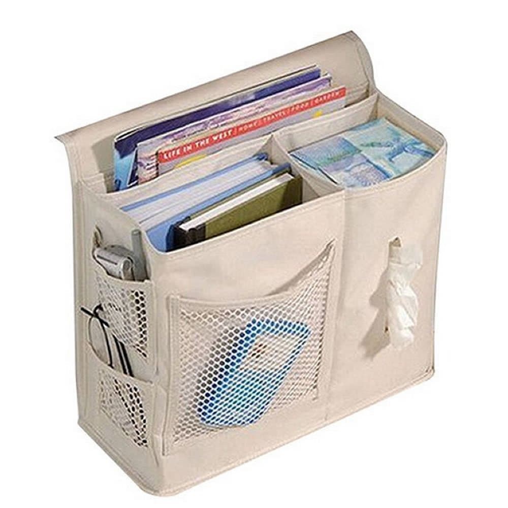 XINING Bedside Storage 6 Pockets Bed Mattress Sofa Organizer Hanging Bag for Book Remote Cellphone Glassess Holder Beige Pouch