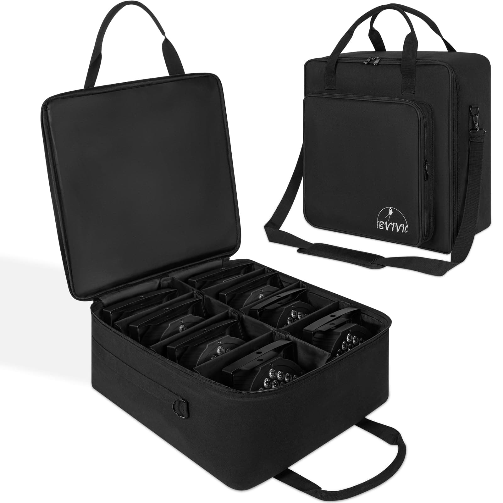8 Par Spotlight Bag Stage Lighting Storage Bag 5/16'' Padded 8 Par Lights Bag with Dividers, Handle, Strap, Black