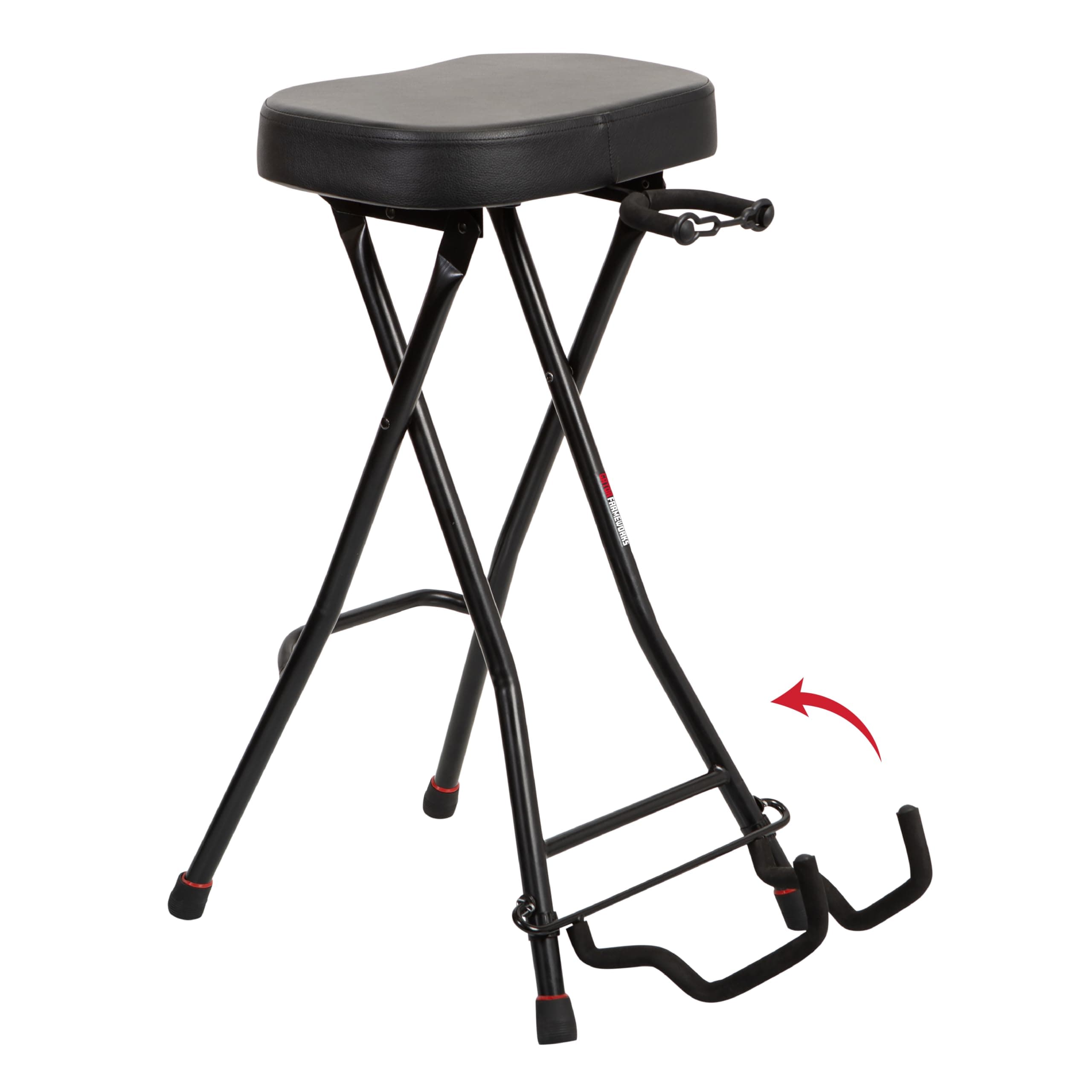 Gator Frameworks Foldable Guitar Stool with Padded Seat and Rear Mounted Guitar Hanger; (GFW-GTRSTOOL)