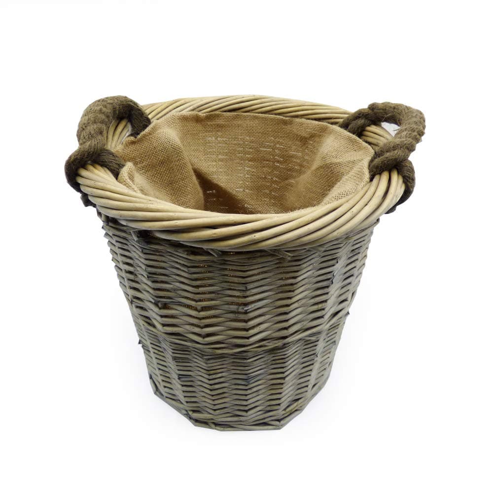 Wicker Storage Log or Laundry Basket,.Handcrafted and Hessian lined with lifting handles, 330mm dia x 400mm (including handles), - Ideas for Fireplace, outdoor storage, toys