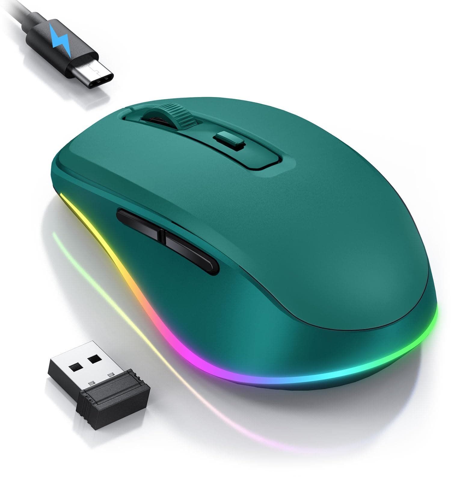 PEIOUS Wireless Mouse Jiggler - LED Wireless Mice with Build-in Mouse Mover, Rechargeable Moving Mouse for Laptop with Undetectable Random Movement Keeps Computers Awake - Dark Green