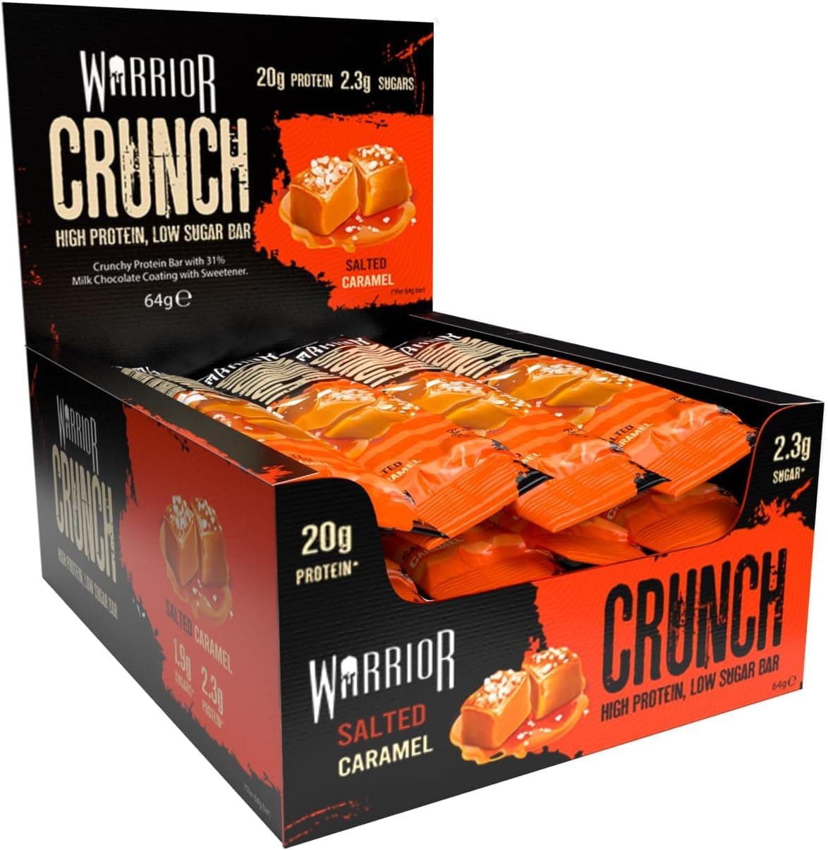 Warrior Crunch Protein Bars, Salted Caramel 12 x 64g – High Protein Snacks (20g), Low Sugar, Low Calorie Snack Bar, Guilt-Free On-the-Go Treats, Multipack Diet Bars for Weight Loss