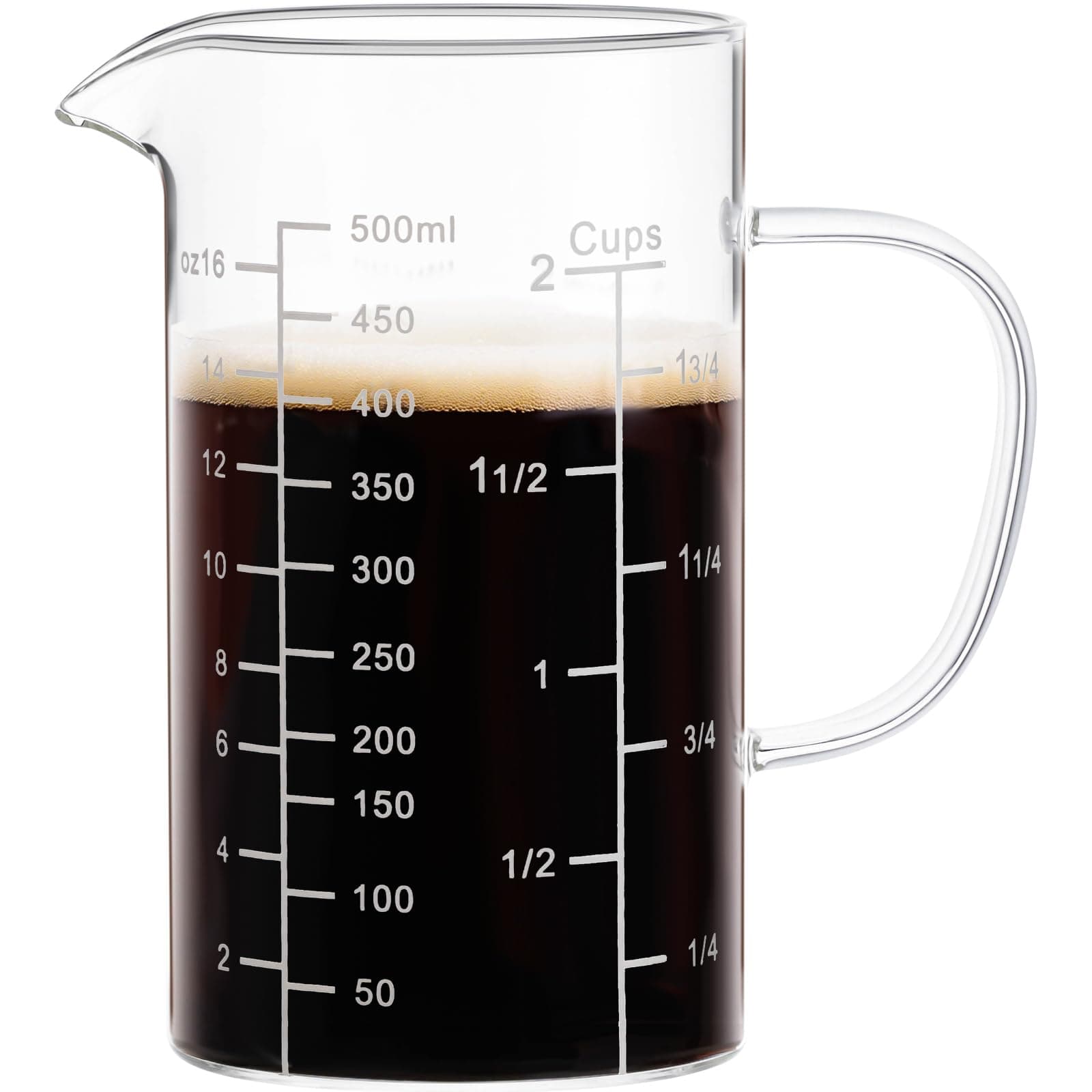 PARACITY 2 Cup Glass Measuring Cup, Liquid Measuring Cups with three Scale and V-Shaped Mouth, Glass Coffee Cups with Handle, Glass Beaker for Kitchen or Restaurant 500 ML