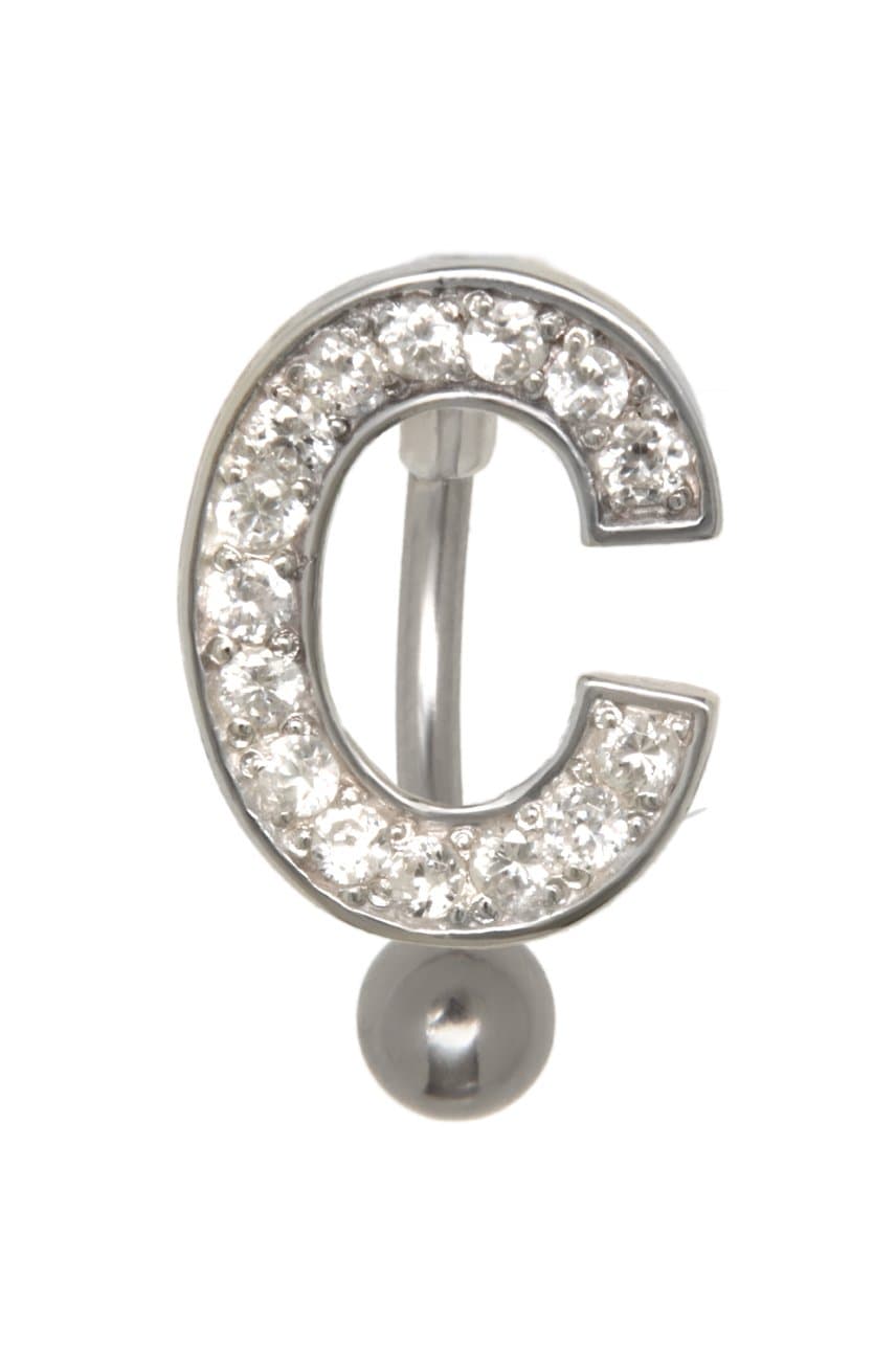 925 Sterling Silver Letter C Crystal Belly Button Stud Surgical Steel