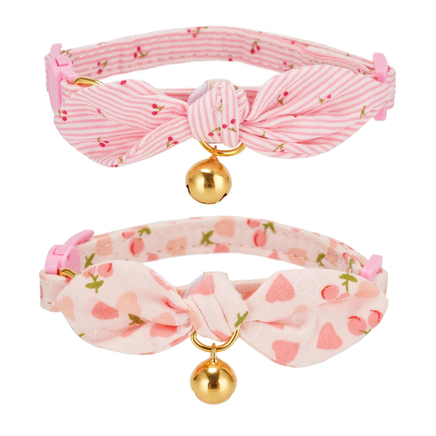 Cotton Bowtie Cat Collar with Bell 2 Pack Adjustable Breakaway Kitten Collars with Removeable Bow Pink Girl Cat Collars