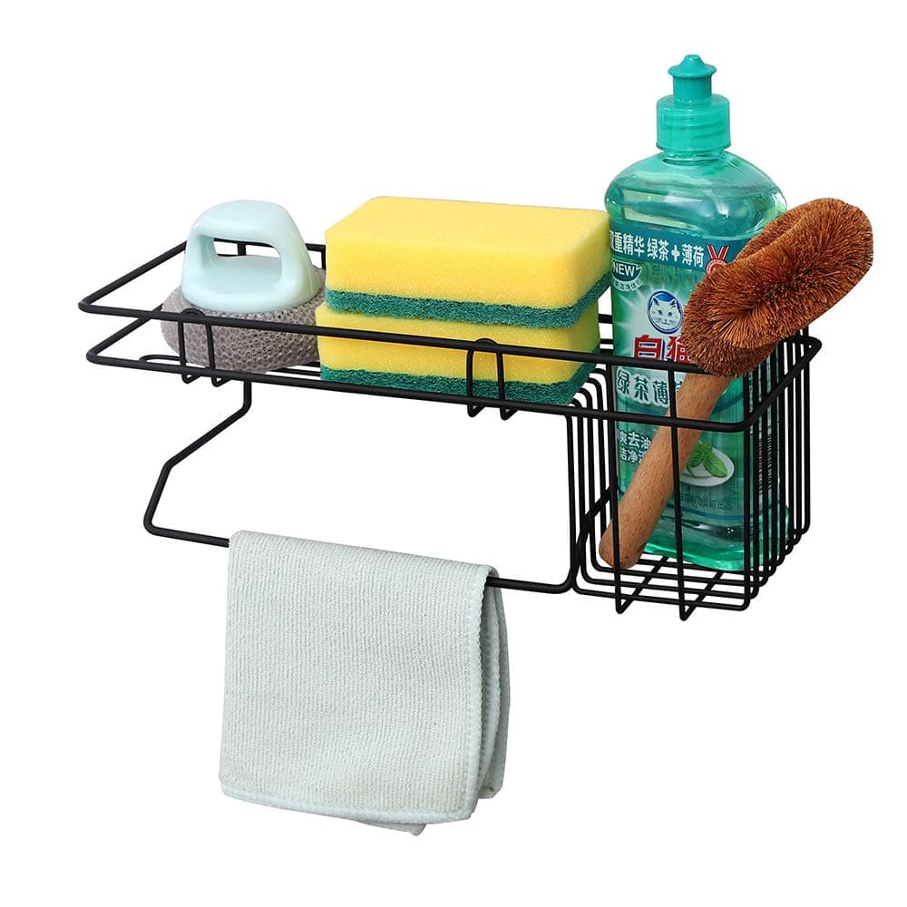 YCOCO Kitchen Sponge Holder,sink caddy with soap dispenser and Sink Brush Caddy Soap Dishwashing Liquid Drainer Rack, Kitchen Sink Sponge Basket with Adhesive,Pack of 1
