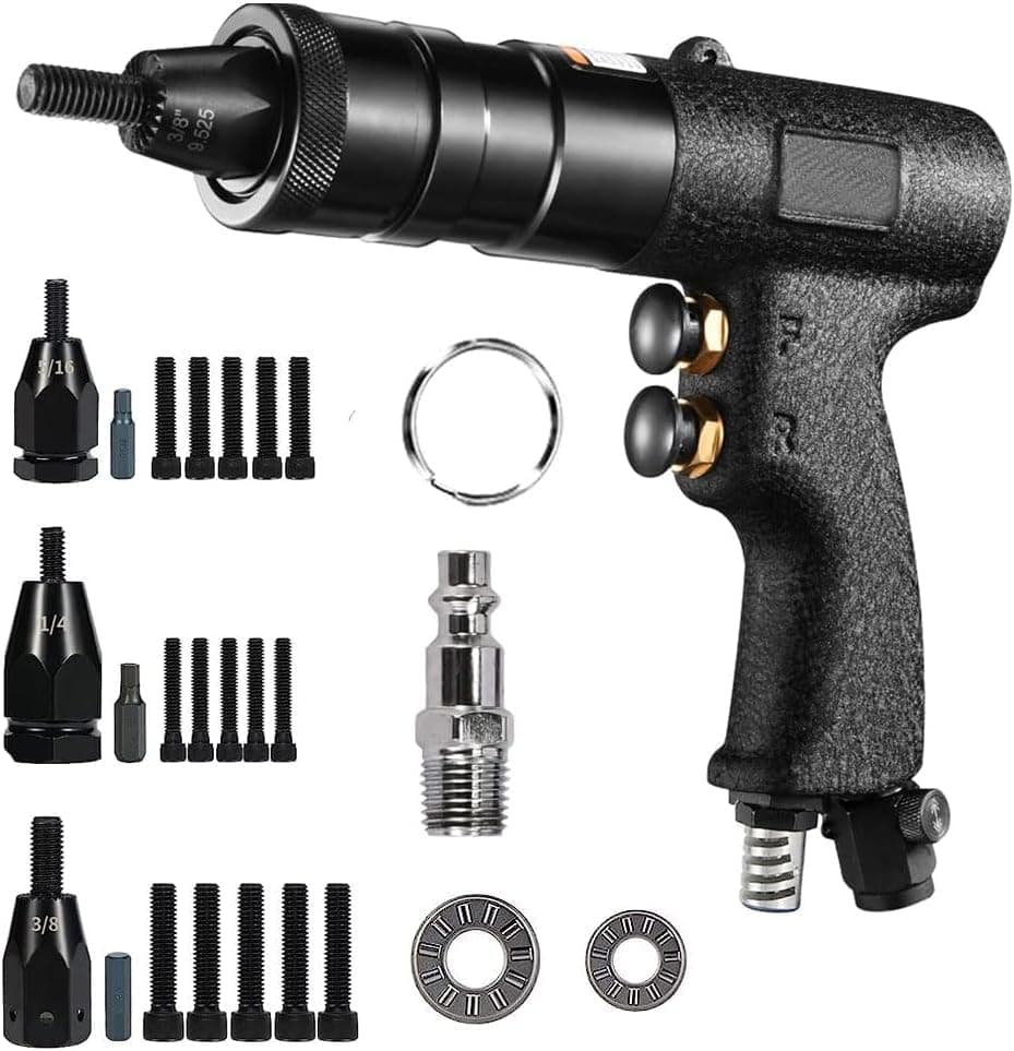 Pneumatic Rivet Nut Gun Tool, 1/4, 5/16, 3/8 inch Heavy Duty Adjustable Speed Air Rivet Gun with Mandrels Riveting Gun Kit Riveter Set Pull Rivnut Gun (804 Model)