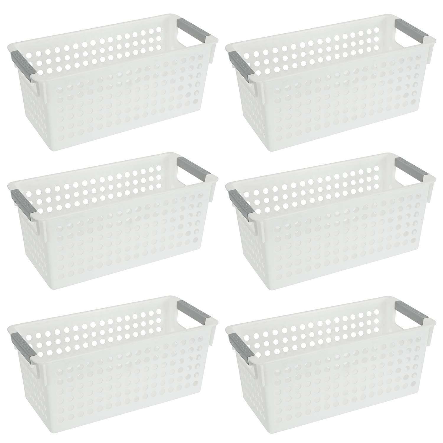 Bekith6 Pack Plastic Storage Basket, Slim White Organizer Tote Bin Shelf Baskets for Closet Organization, De-Clutter, Accessories, Toys, Cleaning Products