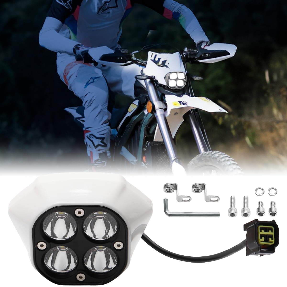 Upgraded Headlight for Sur Ron Ultra Bee, Plug N Play LED Headlight Front Lamp Light With Mounting Bracket, Square Four Bulbs Headlamp & Assemblies for Sur ron, 3 Modes