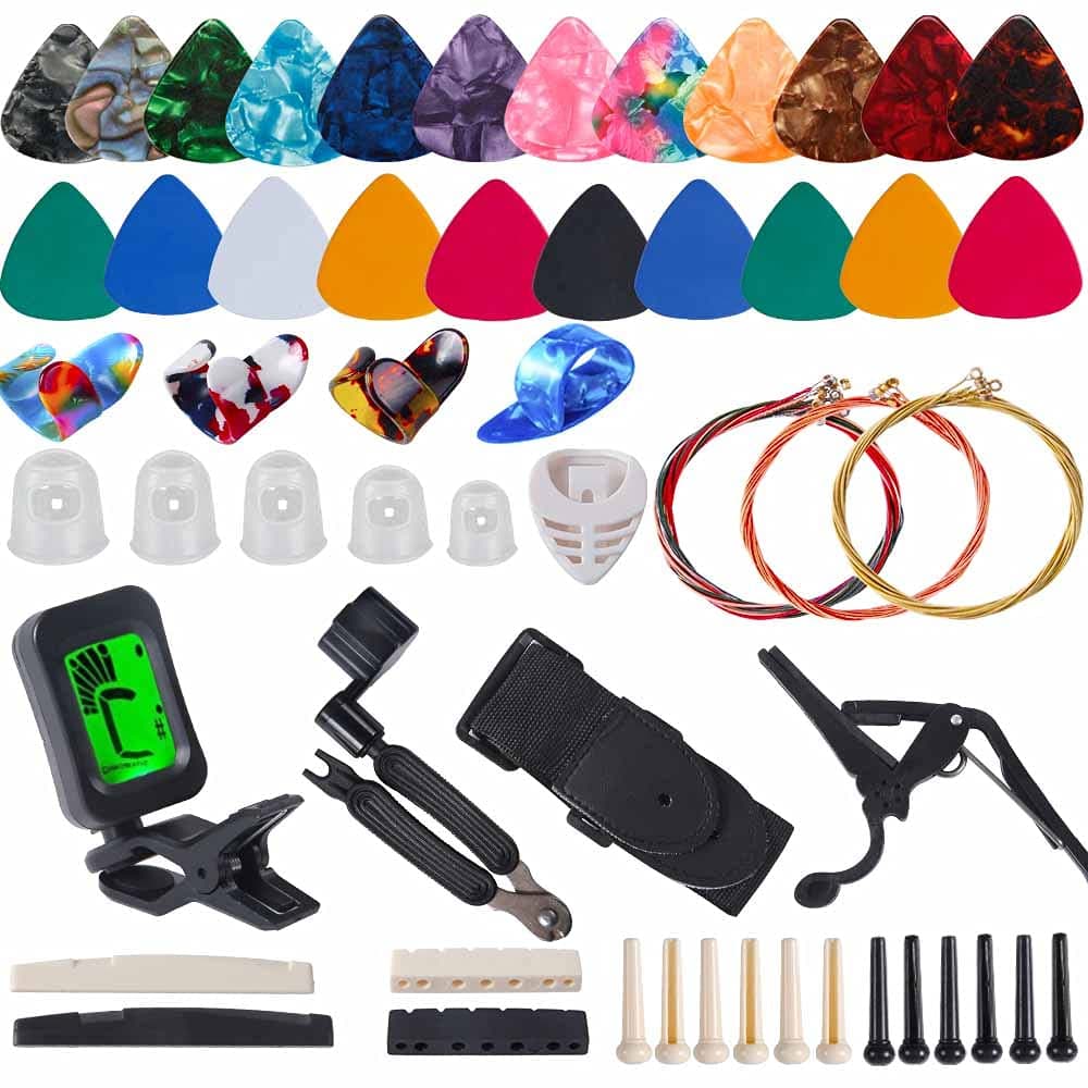 BYMOREGuitar Accessories Kit Include Guitar Strings, Guitar Picks,Guitar Bridge Nut & Saddle，Bridge Pins, Tuner, Capo，Strap，Pick Holder, Restring Tool，Finger Protector，Finger Guitar Picks…
