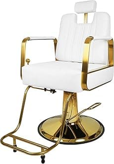 Ladies Barber Chair Salon Chair,Adjustable Height and Reclining,Heavy Duty Hydraulic Pump Swivel Chair for Spa,Salon,Barbershop (White golden)