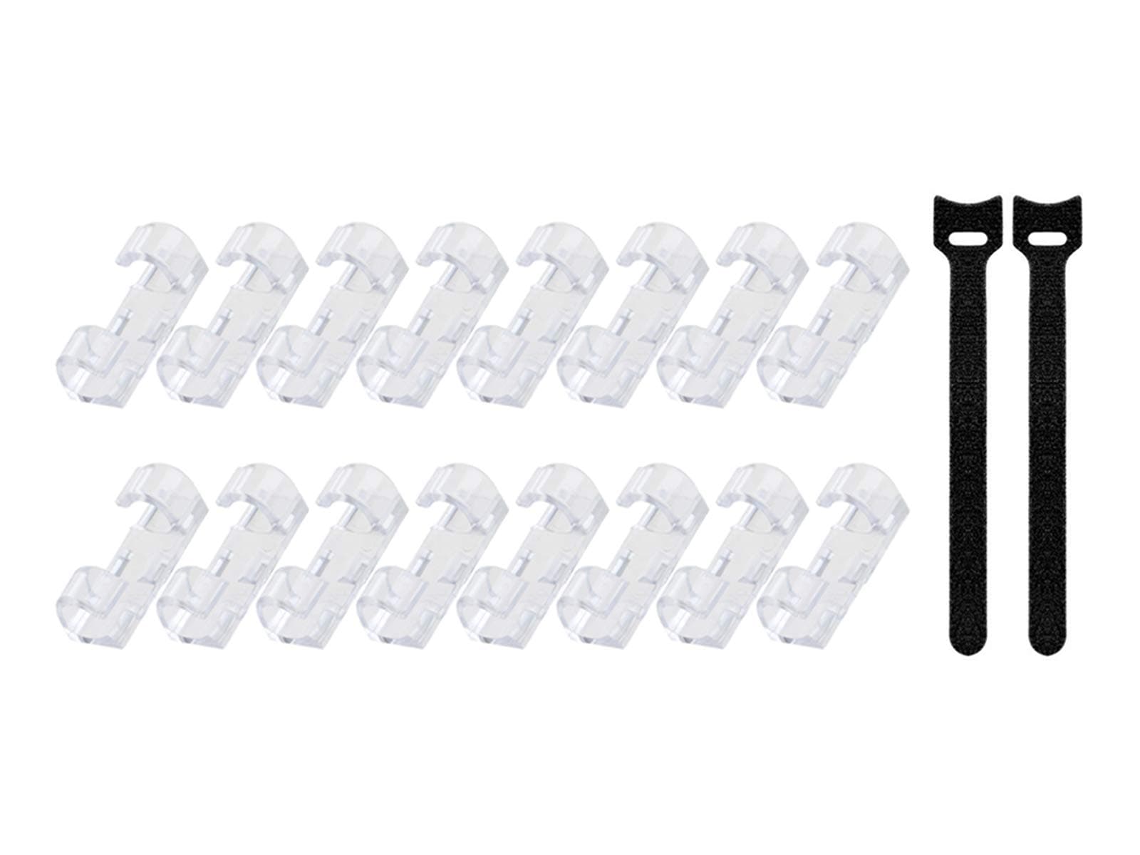 40mm x 16mm Clear Self Adhesive Plastic Cable Clips Organizer Wire Holder Clamp Cord Management (Pack of 16) + 2 Pcs 150mm x 12mm Black Nylon Reusable Cable Ties