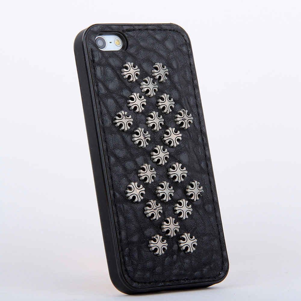 Metal Studded Leather + Silicone Back Cases Covers for Apple iPhone 5 5s iPhone5 Black Soft Metallic Rock Roll Cool Punk Girls Men High Fashion