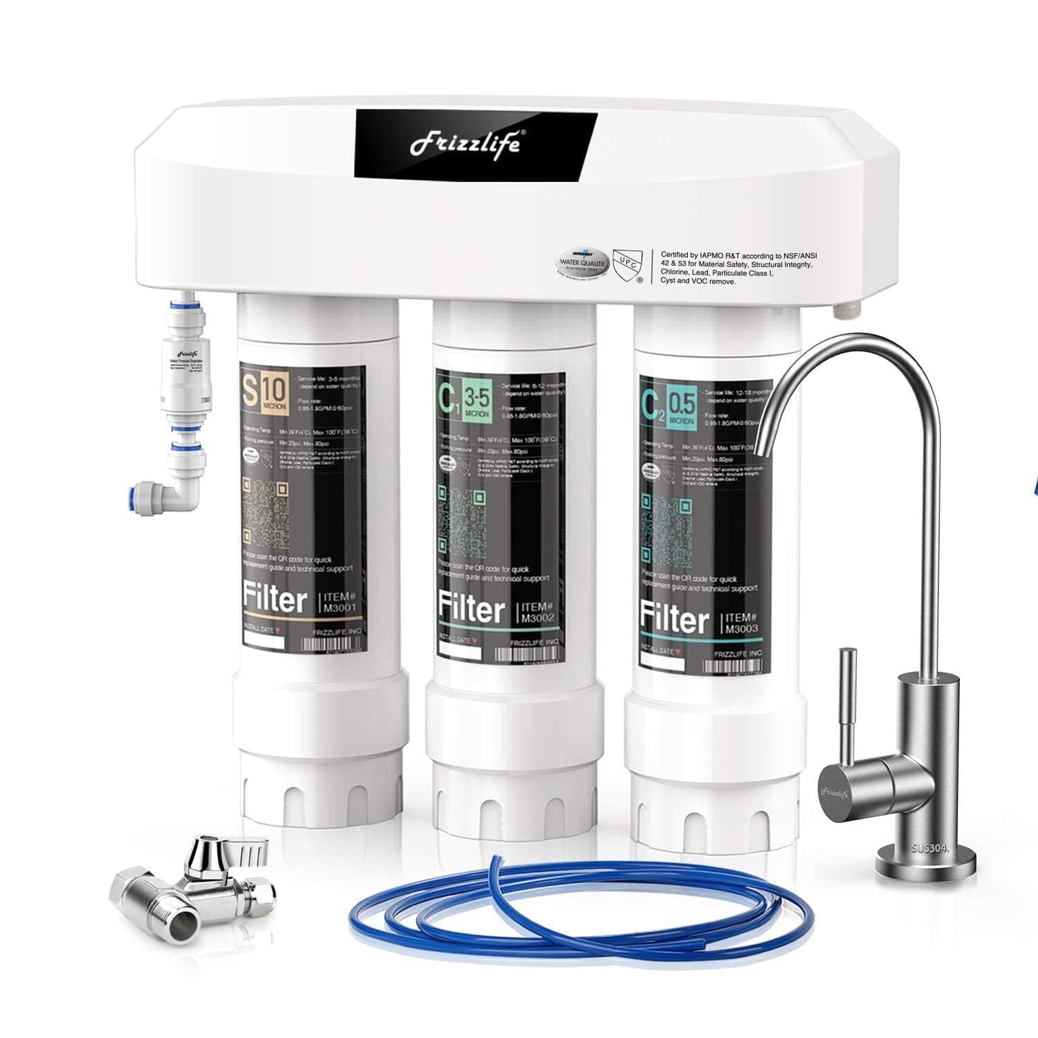 Frizzlife Under Sink Water Filter System, NSF/ANSI 53&42&372 Certified, 8 Layer 0.5 Micron Water Filtration Reduces PFAS, PFOA/PFOS, Chloramine, Lead, Chlorine, with Brushed Nickel Faucet, SP99-NEW