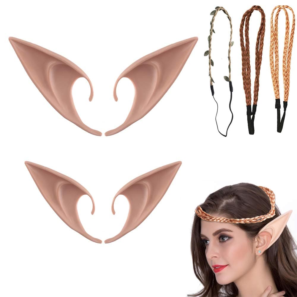 ETSAMOR Elf Ears 2 Sizes Prosthetic Fairy Ears with 3 pcs Elastic Hair Braid Kids Adults for Anime Party Cosplay Masquerade Festivals Decorations