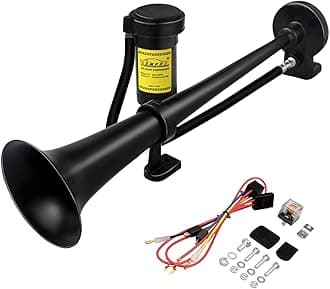 12V 150DB Car Air Horns, 18 Inches Chrome Zinc Single Trumpet Truck Air Horn with Compressor for Any 12V Vehicles Trucks Lorrys Trains Boats Cars (Black+Black tube)