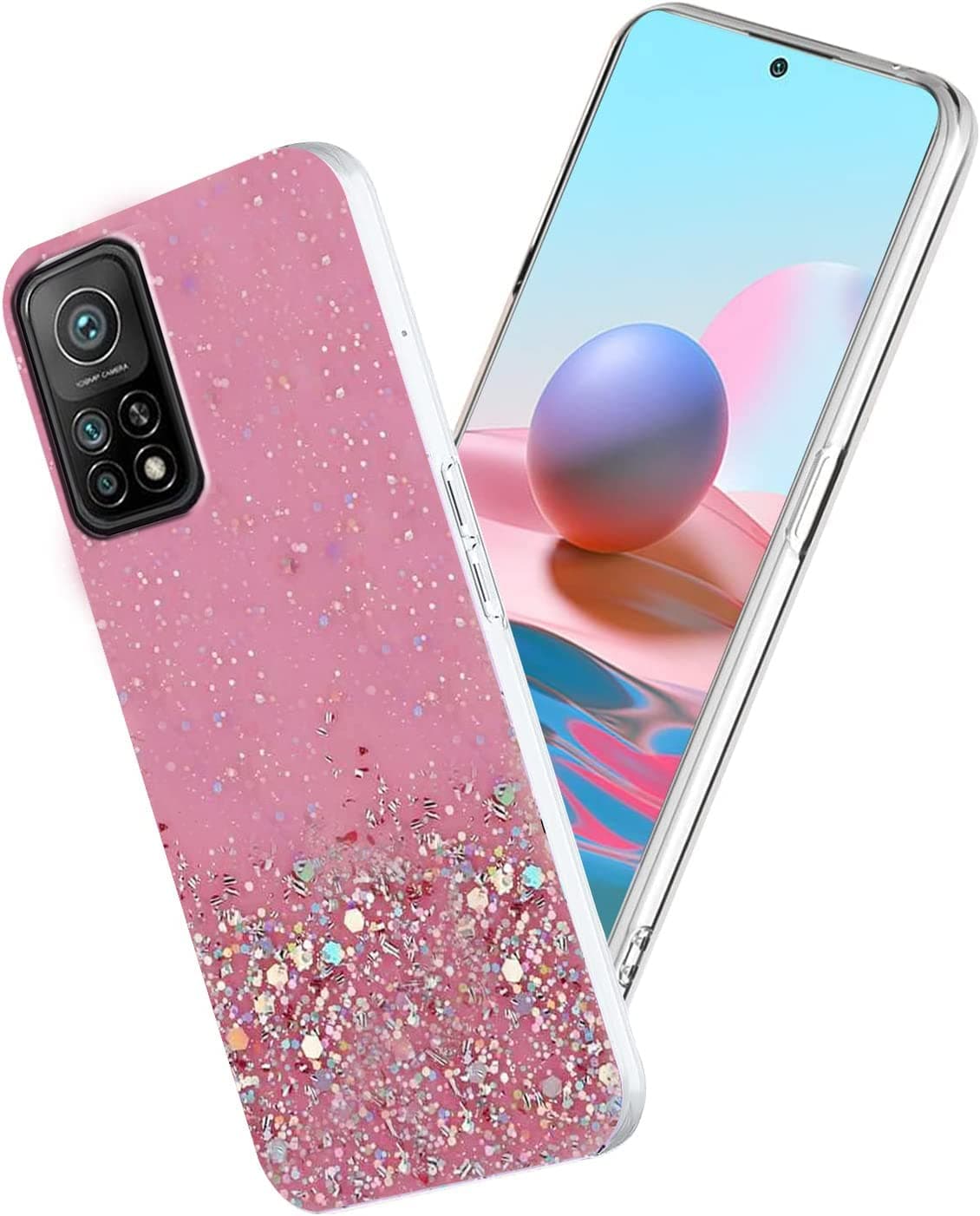 Vonzee® Glitter Case Compatible Mi 10T/Mi 10T Pro, Non Moving Glitter Stars Cover Soft TPU + Hard PC Bumper Bling Cover for Women Girls Protective Shockproof Phone Case (Pink)