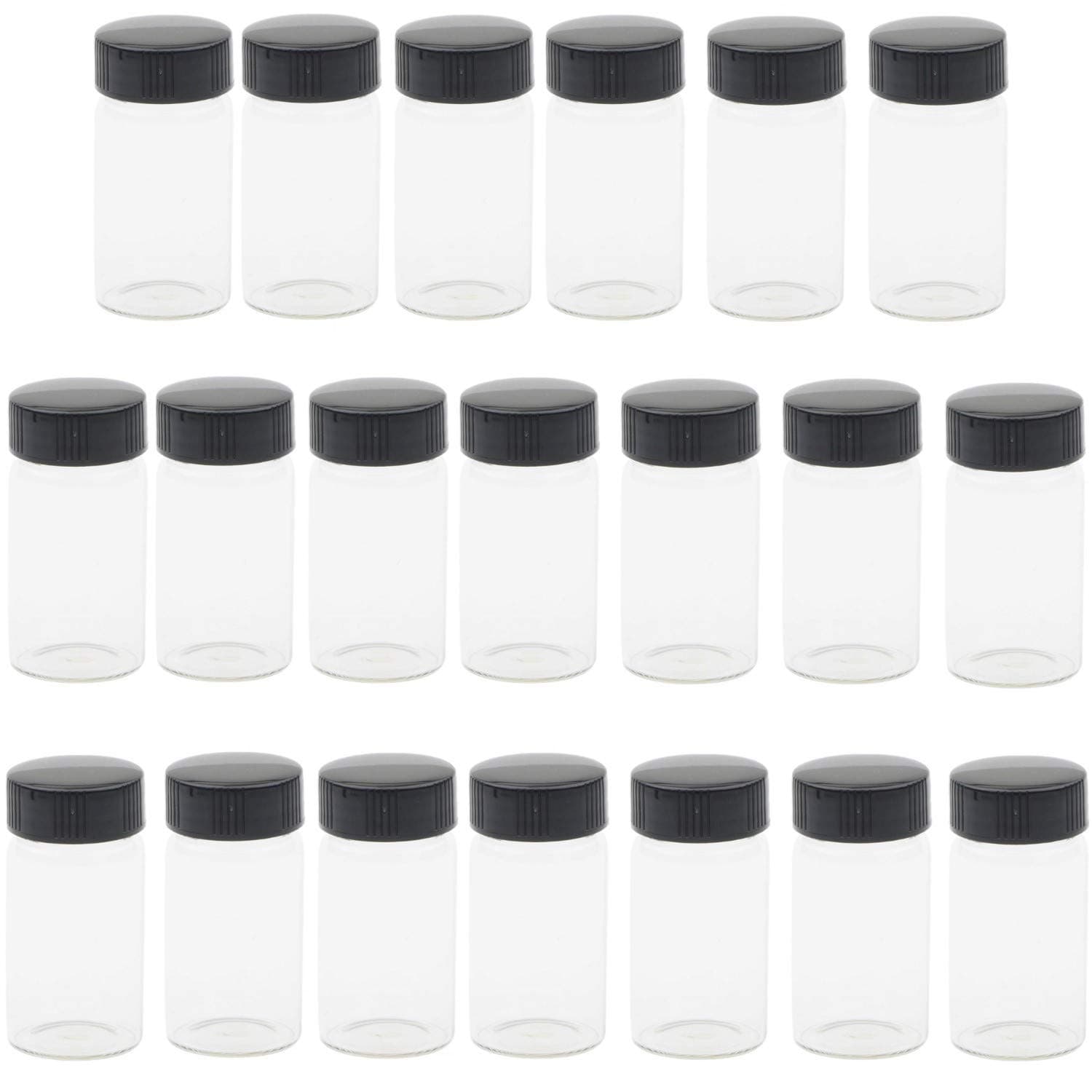KAHEIGN 20Pcs Clear Glass Vials, 20ml 2/3 Oz Sample Glass Bottles with Plastic Screw Black Cap Transparent Lab Vials Container