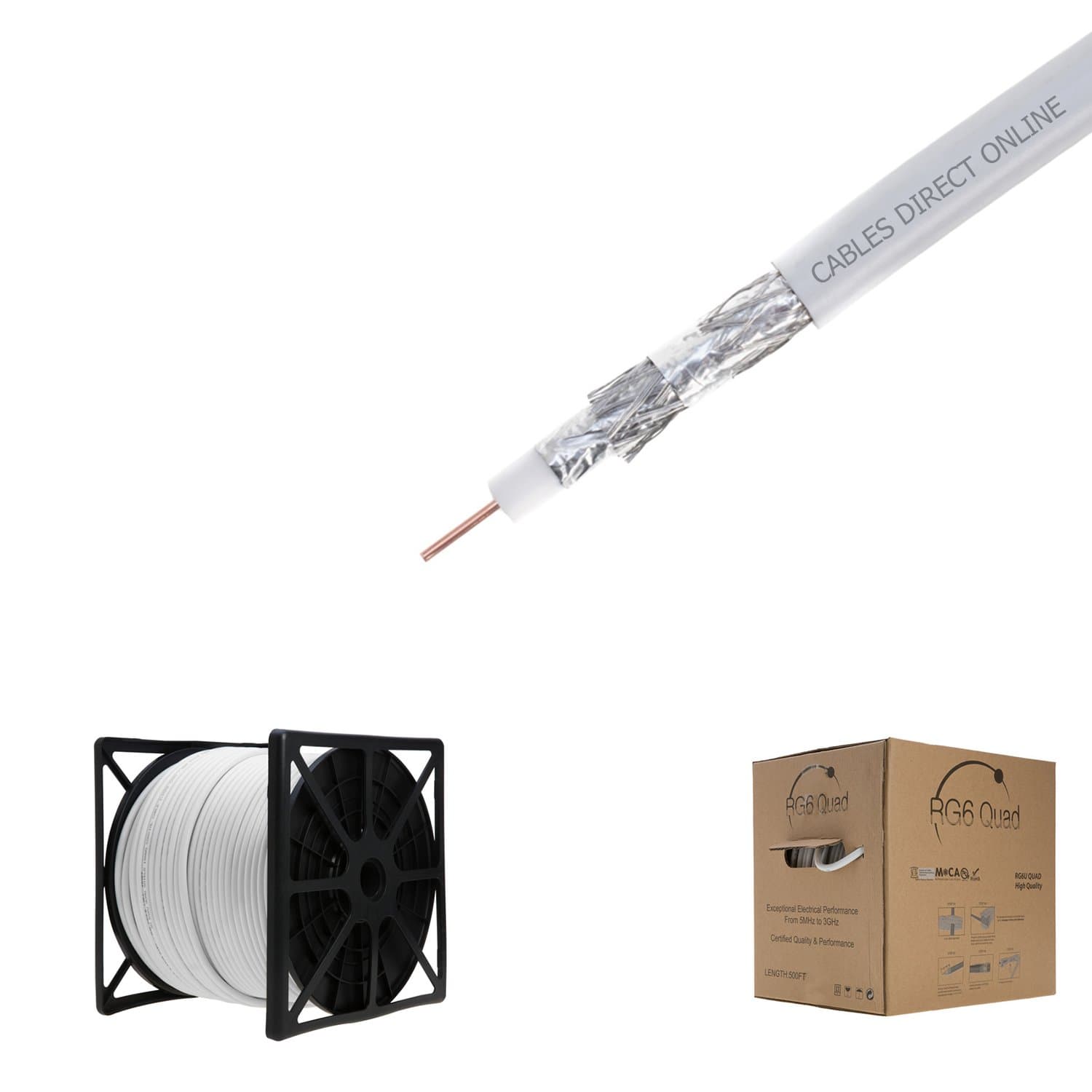 RG6 Coaxial Cable Quad Shield Bulk, 18 Gauge Copper Clad Steel (CCS) Conductor, Aluminum Braid, PVC Jacket, Reel Box, 500ft, White
