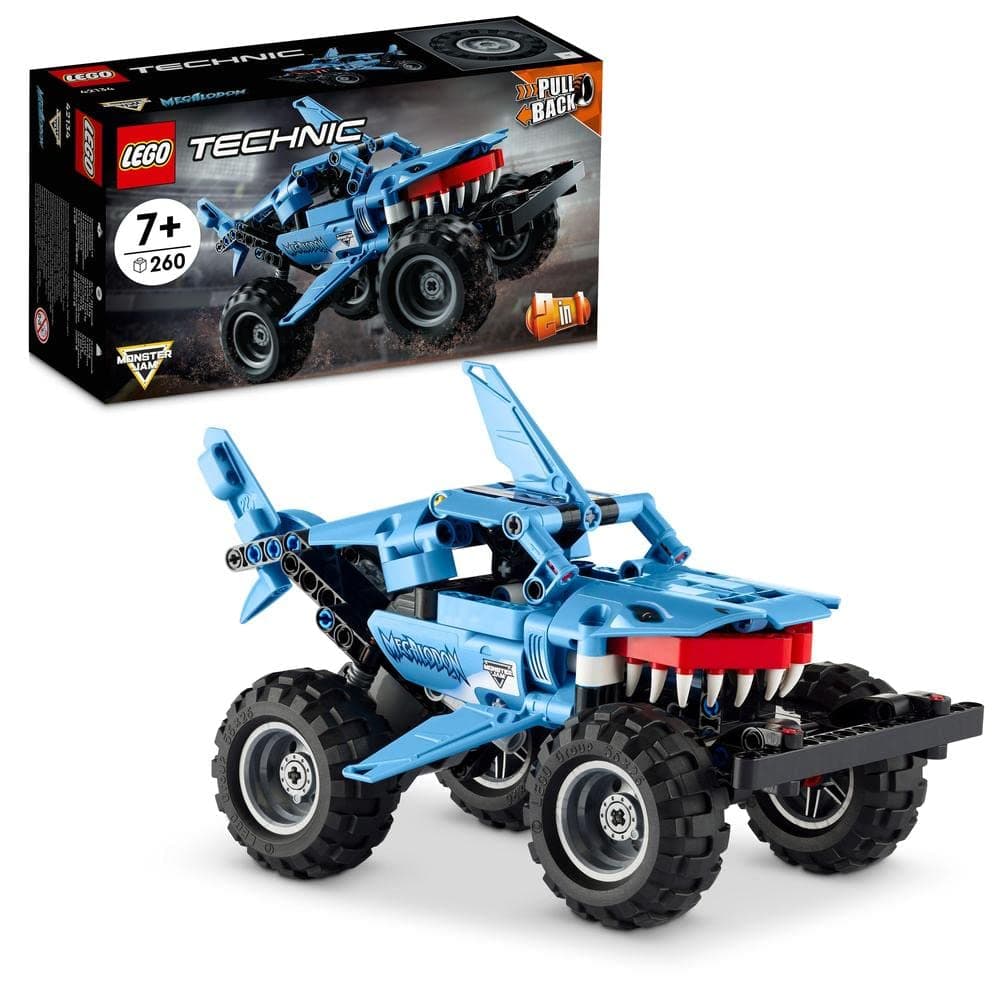 42134 Technic Monster Jam Megalodon, 2-in-1 Pull-Back Shark Car for Lusca Low Racing Car