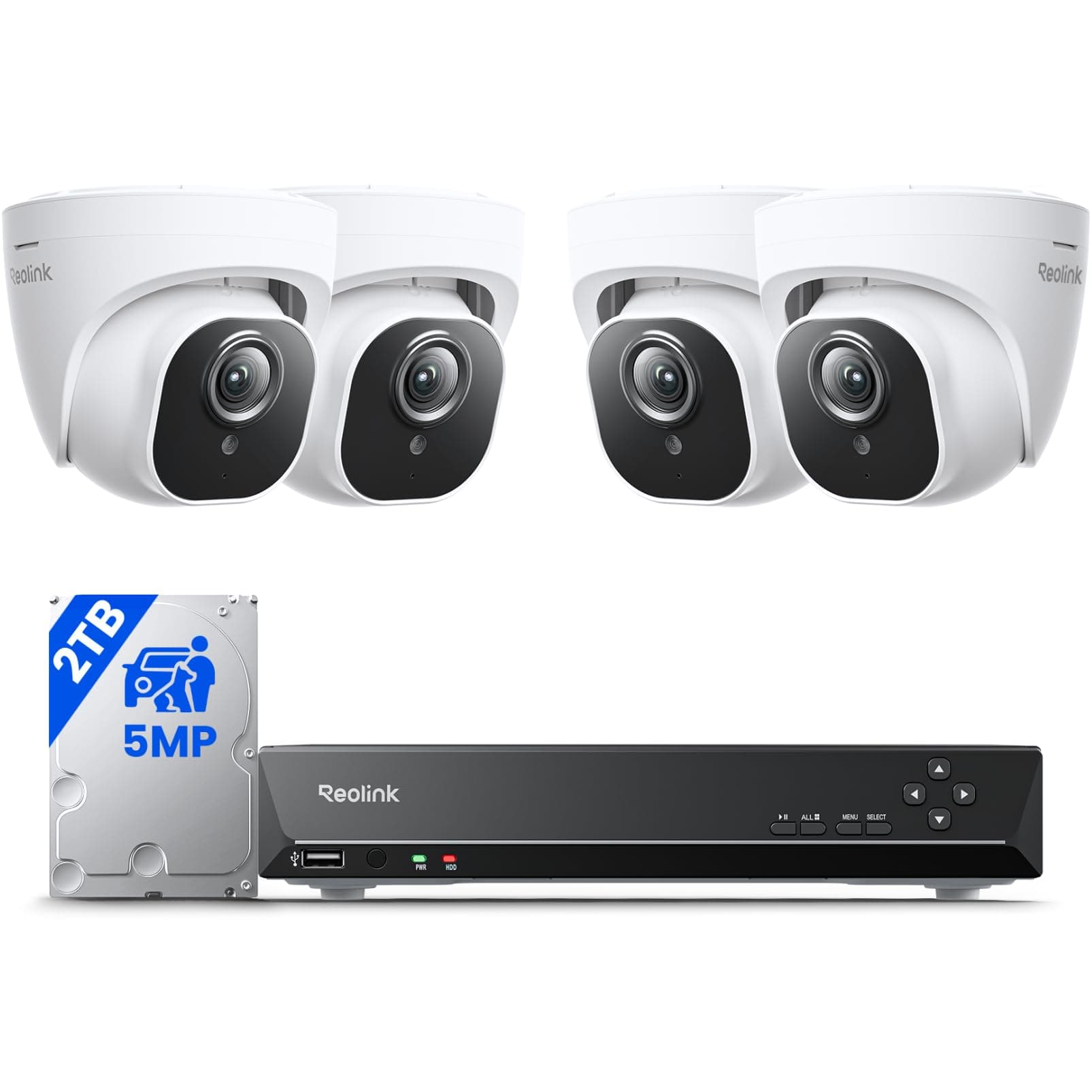 - REOLINK Smart 5MP 8CH Home Security Camera System, 4pcs Wired PoE IP Cameras Outdoor with Person/Pet/Vehicle Detection, 4K 8CH NVR with 2TB HDD for 24-7 Recording, RLK8-520D4-5MP