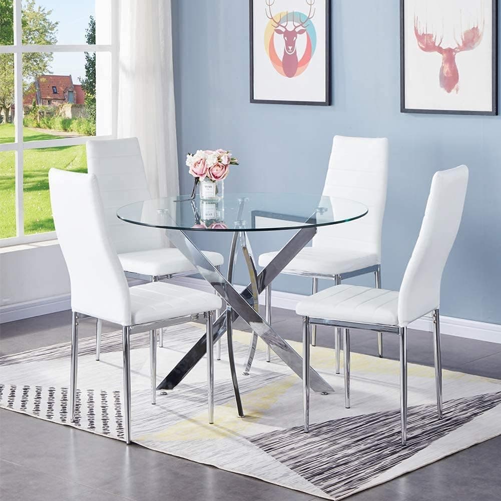 Round Tempered Glass Dining Table Set for 4, 5-Piece Modern Kitchen Table Set with 4 High-Back Upholstered Chair for Kitchen Dining Room (White)