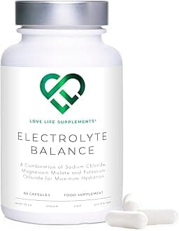Love Life Supplements Electrolyte Balance, 60 Capsules, 30 Servings, Sodium Chloride, Magnesium Malate and Potassium Chloride for Maximum Hydration, Perfect for Ketogenic Nutrition