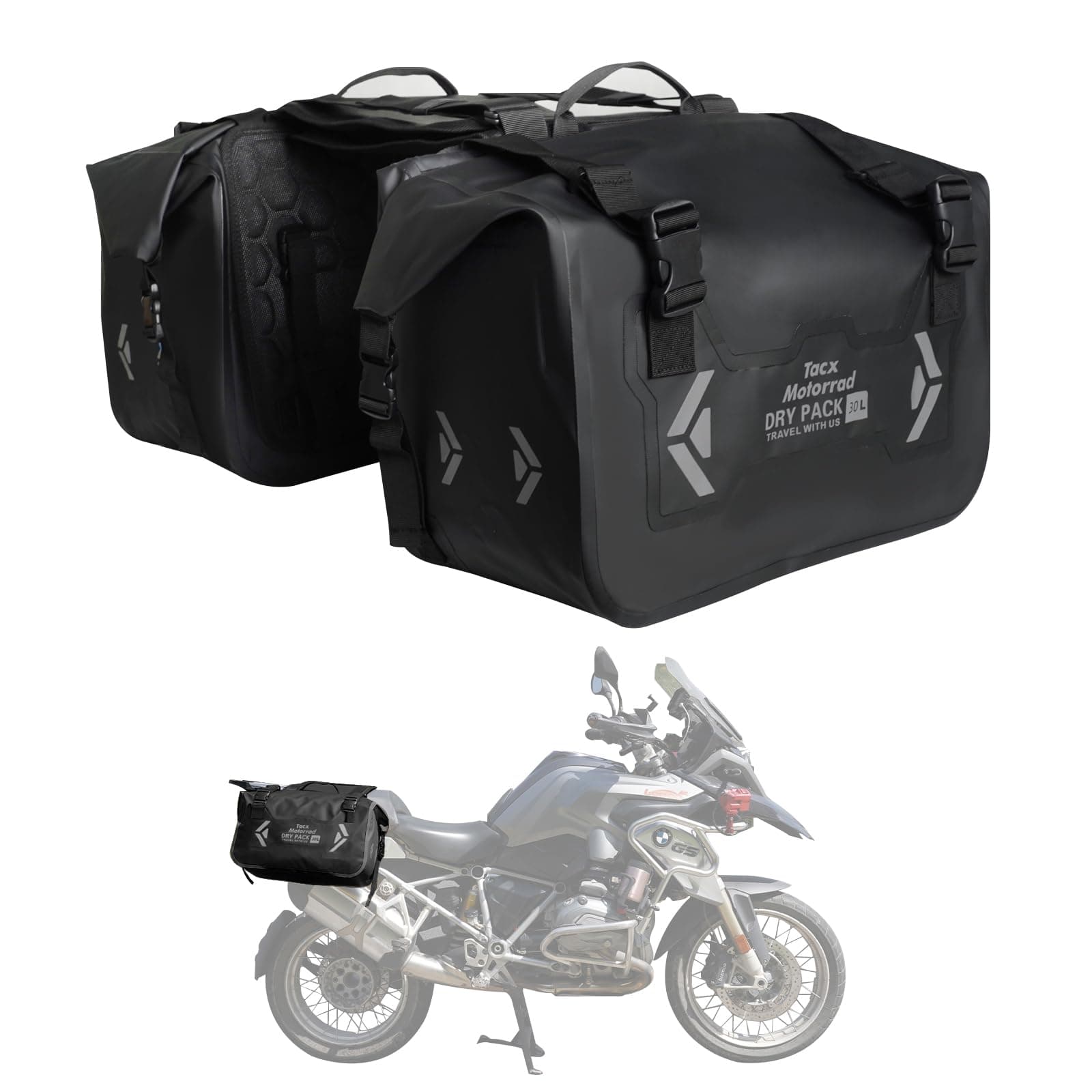 - Motorcycle Saddle Bags Tail Bag, 60L(30L*2) Roll-top Waterproof Motor Detachable Side Trunk Bag, Motor Panniers Luggage Bag for Motorcy
