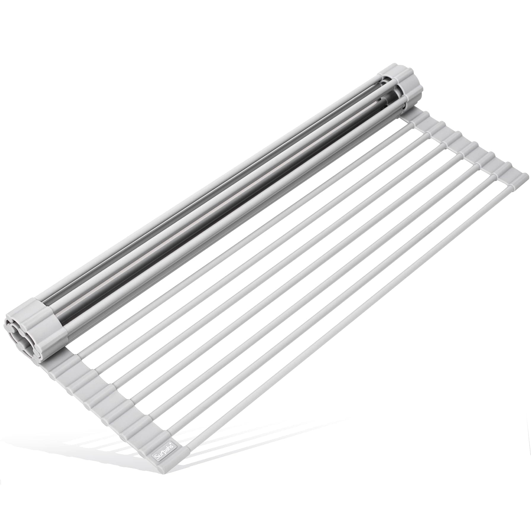 Surpahs 17.5 x 13.1 Inch Roll-Up Dish Drying Rack, Fits Across Sink Openings up to 16.5 Inches, Heavy-Duty Premium Silicone, Strong Support, Non-Slip, Heat-Resistant, Warm Gray
