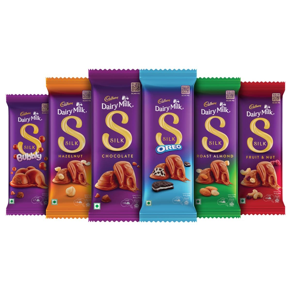 Dairy Milk Silk Small Chocolates Combo (1xSilk Plain 60G,1xSilk Oreo 60G,1xSilk Bubbly 50G,1 x Silk Roast Almond with Whole Nuts 58 G,1 x Silk Fruit and Nut 55 G and 1 x Silk Hazelnut 58 G)