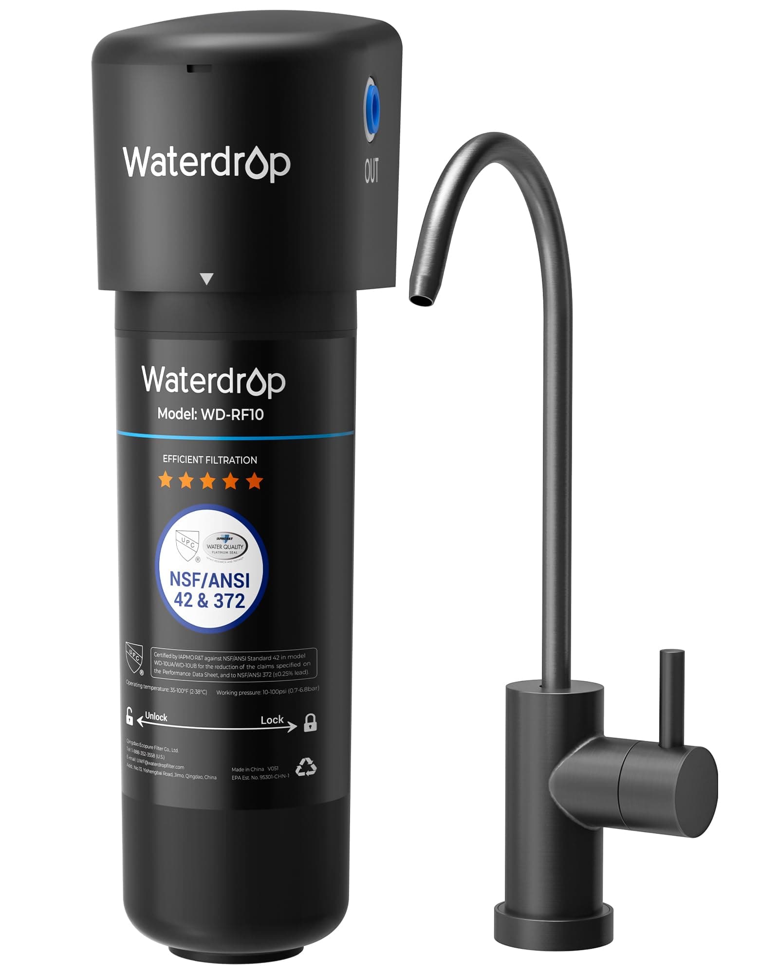 10UB-B Under Sink Water Filter, Reduces PFAS, PFOA/PFOS, Lead, Chlorine, Bad Taste, NSF/ANSI 42 Certified, 11K Gallons, Easy Installation, Black Faucet