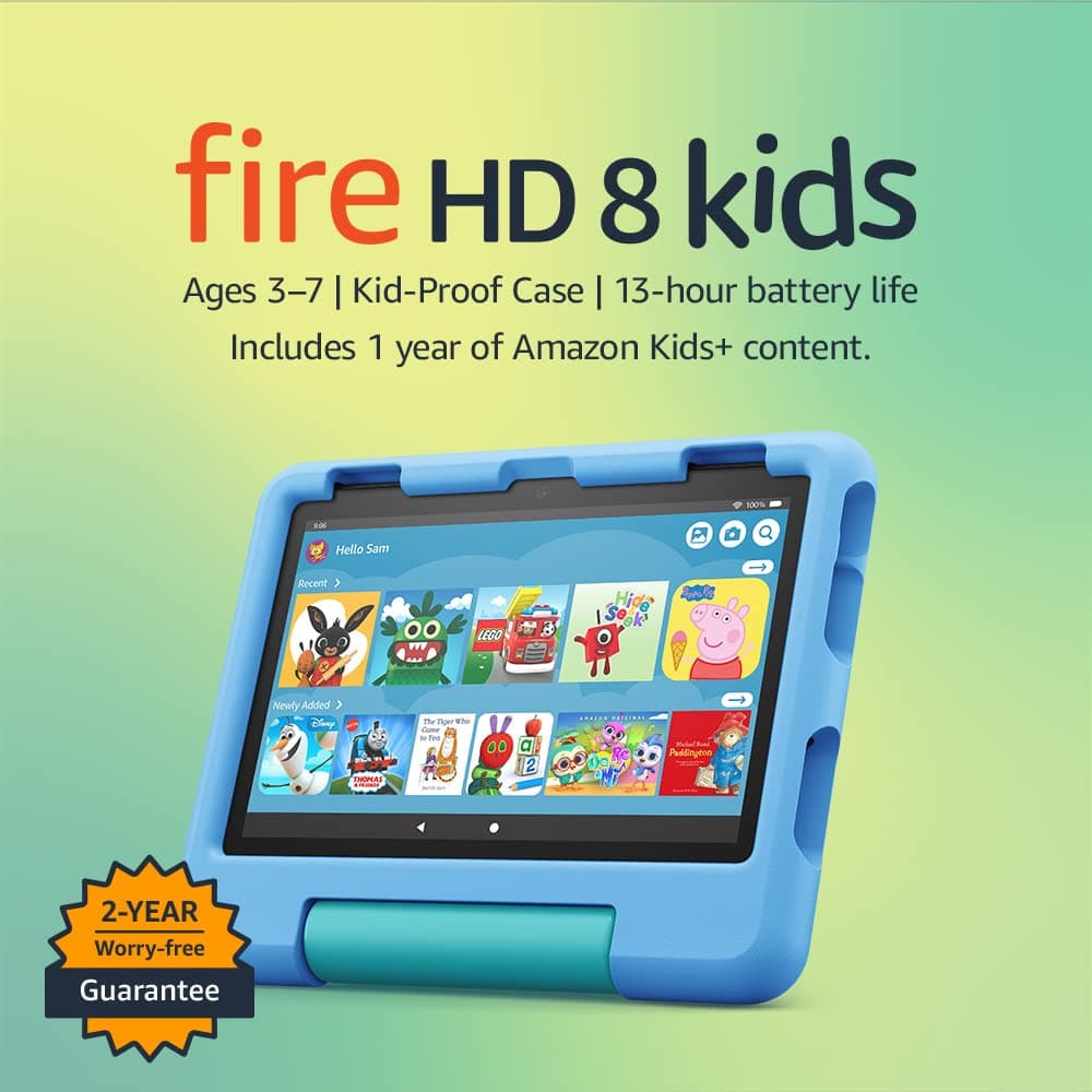 Amazon Fire HD 8 Kids tablet | 8-inch HD display, ages 3–7, includes 2-year worry-free guarantee, Kid-Proof Case, 32 GB, 2022 release, Blue