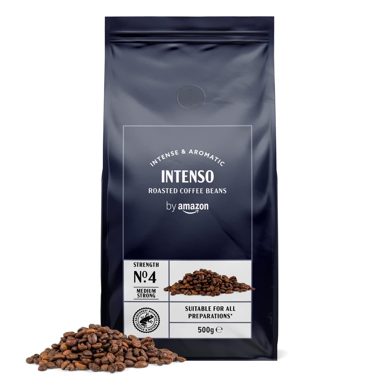 by Amazon - Caffè Intenso natural bean coffee, clear roast, Caffeinated, 500g, (Pack of 4), Rainforest Alliance certified
